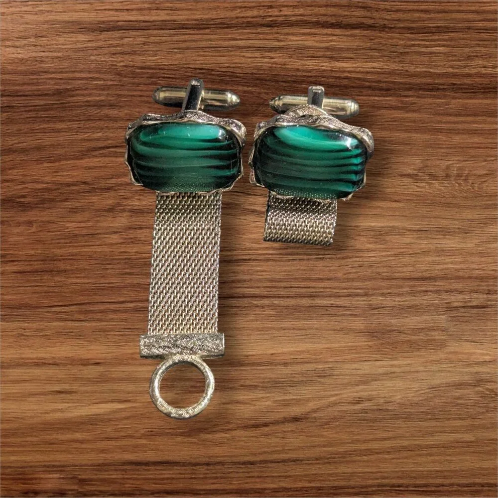 Vintage Dante Gold Tone Green‎ Art Glass Mesh Wrap Around Cufflinks